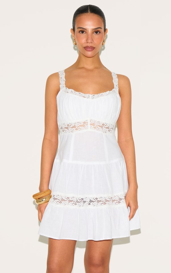 Petite White Tiered Mini Dress With Lace Details