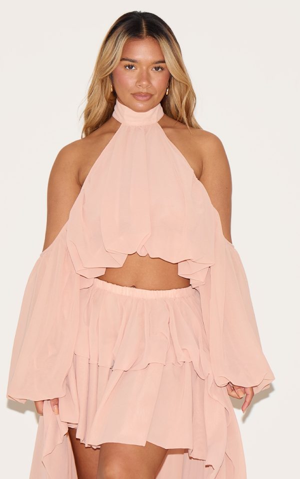Shape Peach Chiffon High Neck Off Shoulder Blouse
