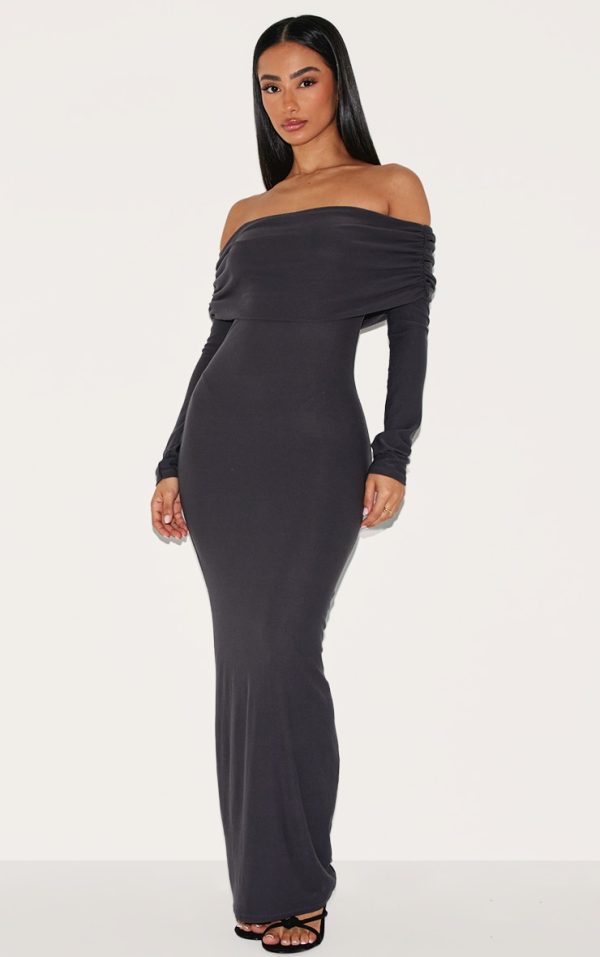 Petite Charcoal Soft Touch Bardot Long Sleeve Maxi Dress