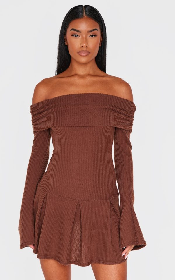Chocolate Waffle Textured Bardot Pleated Shift Dress