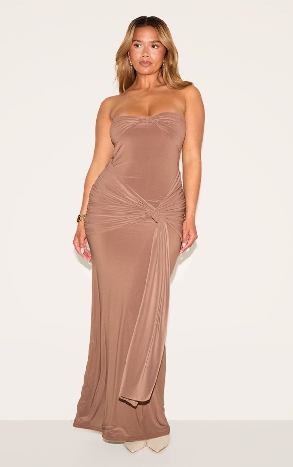 Shape Mocha Bandeau Twist Front Ruched Drape Waist Detail Maxi Dress