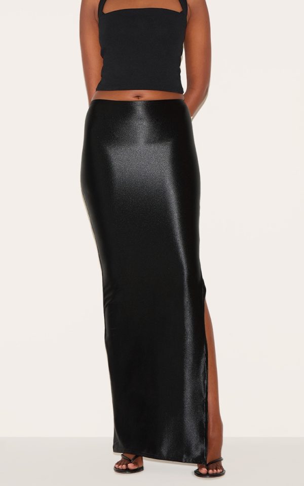 Black Stretch Satin Split Side Maxi Skirt