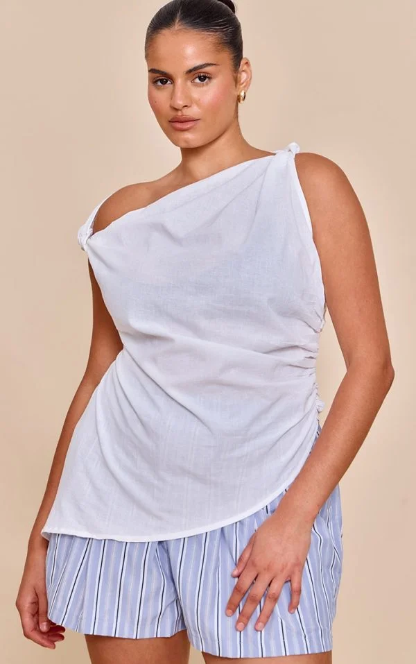 Plus White Linen Slash Neck Asymmetric Sleeveless Top