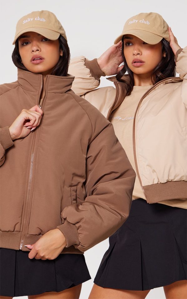 Taupe & Sand Reversible Bomber Puffer Jacket