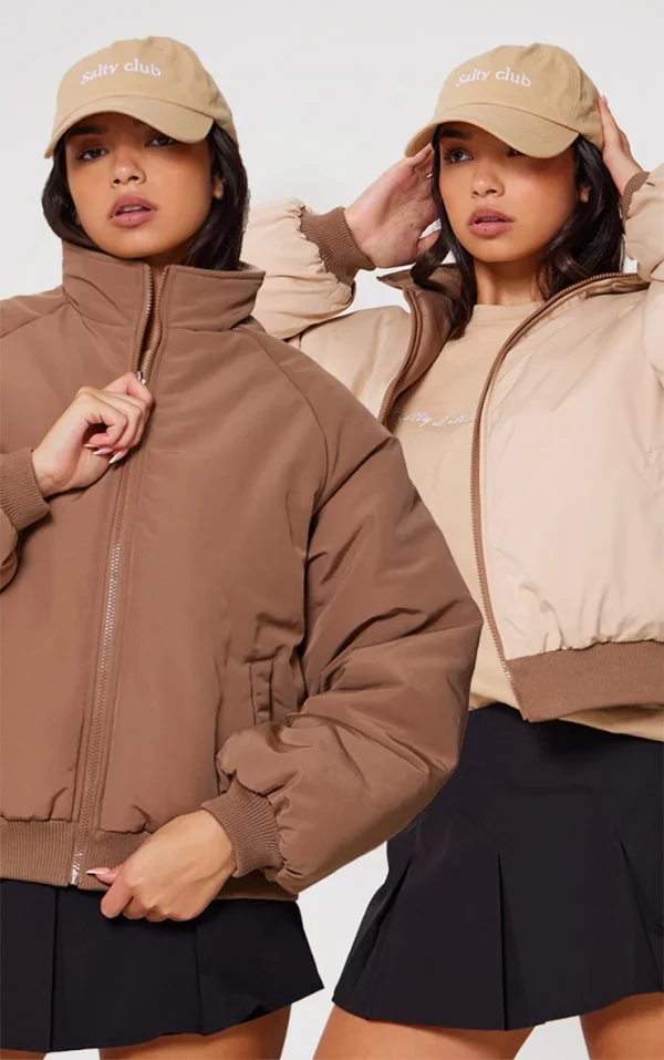 Taupe & Sand Reversible Bomber Puffer Jacket