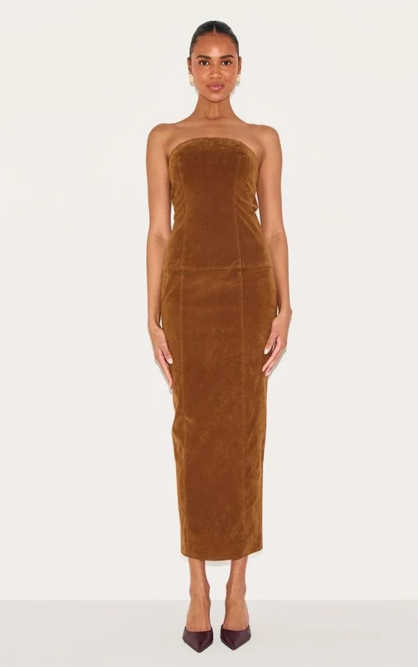 Chestnut Faux Suede Bandeau Maxi Dress