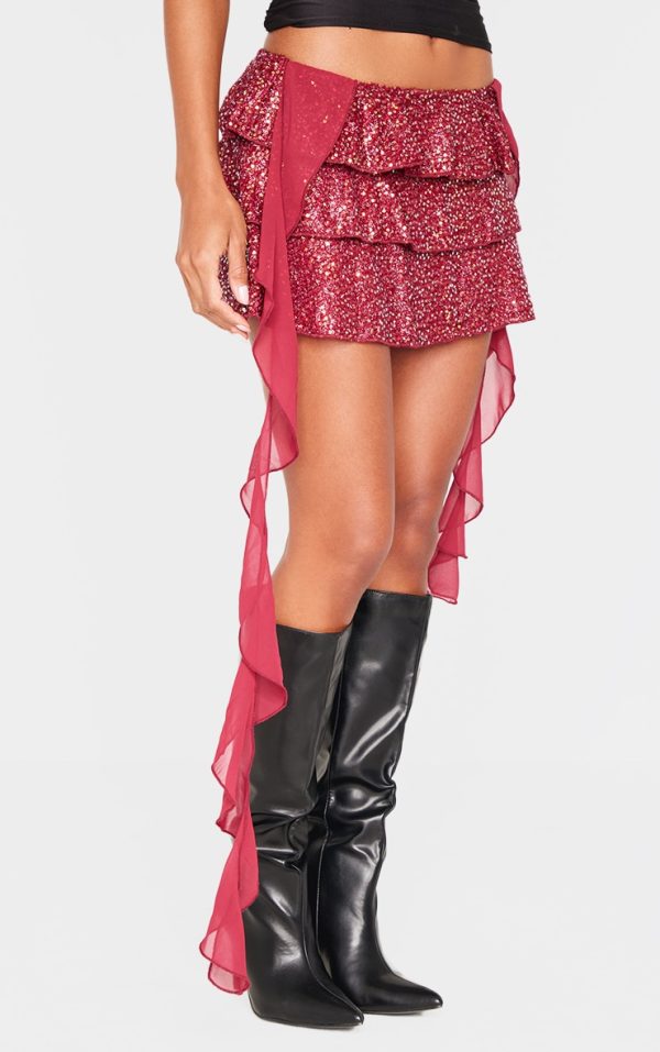 Burgundy Frilly Sequin Draping Detail Mini Skirt