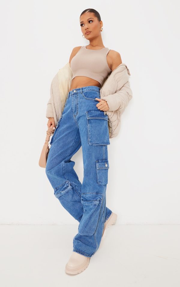 Mid Blue Wash Cargo Pocket Detail Wide Leg Jeans