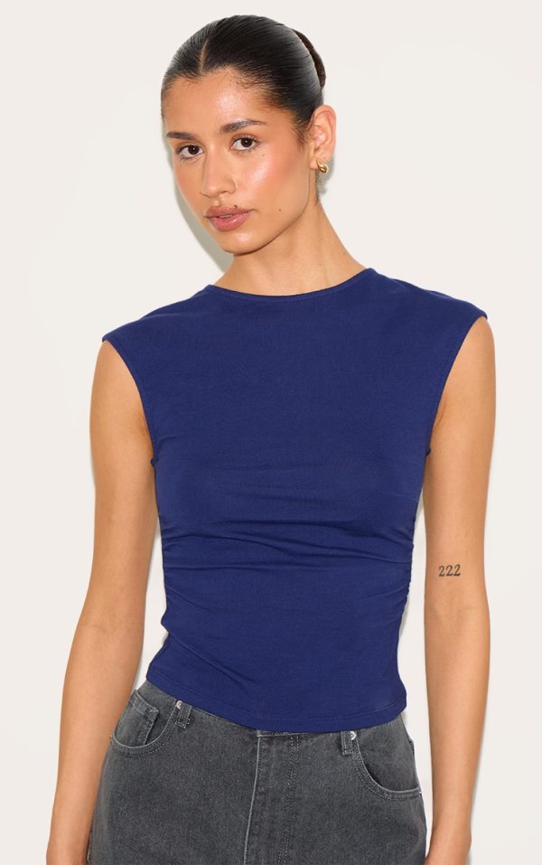 Tall Indigo Soft Cotton Ruched Side Sleeveless Top