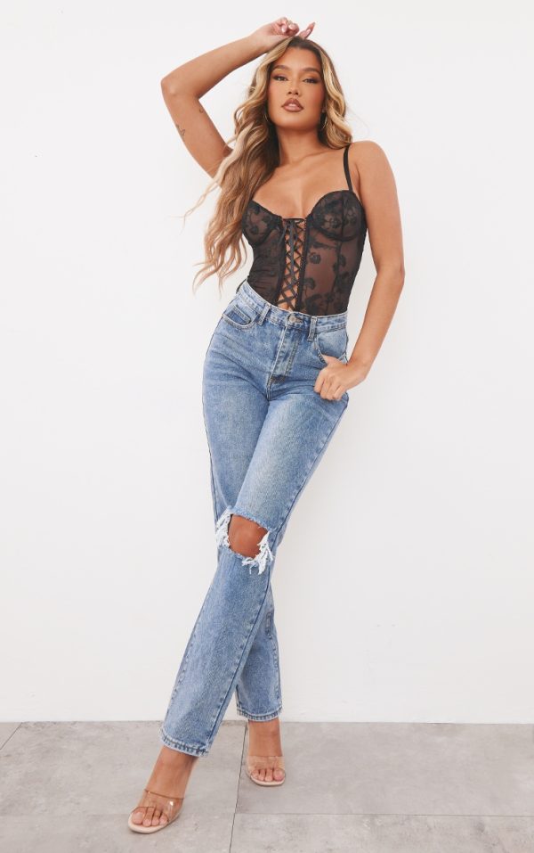 Mid Blue Wash Open Knee Long Leg Straight Leg Jeans
