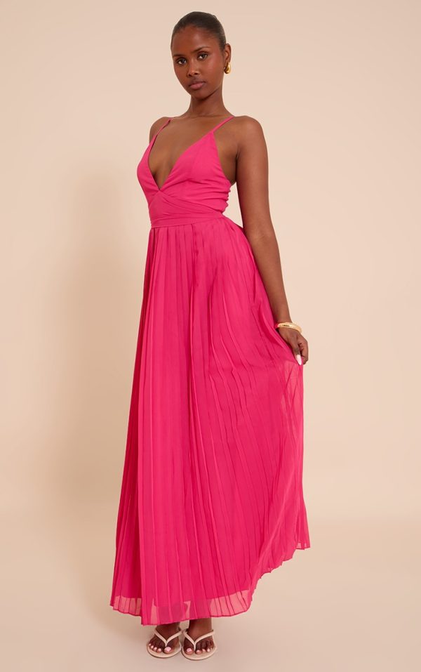 Fuschia Chiffon Strappy Pleated Belt Detail Maxi Dress