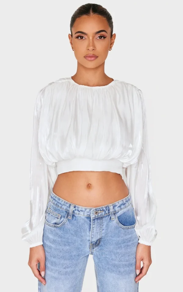White Organza Pleated Long Sleeve Blouse
