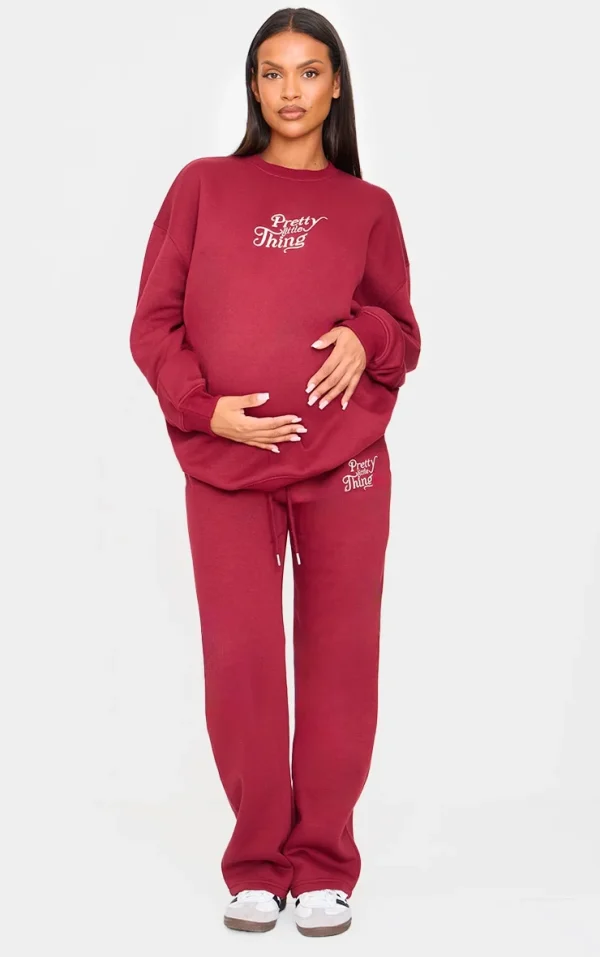 PRETTYLITTLETHING Maternity Burgundy Embroidered Wide Leg Sweatpants