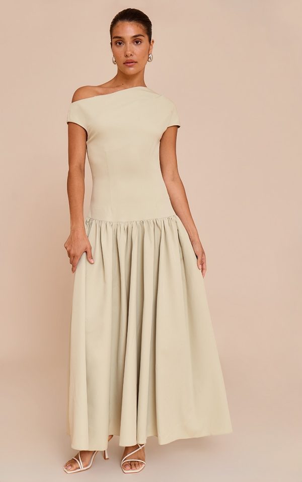 Petite Sage Tailored Asymmetrical Gathered Midaxi Dress