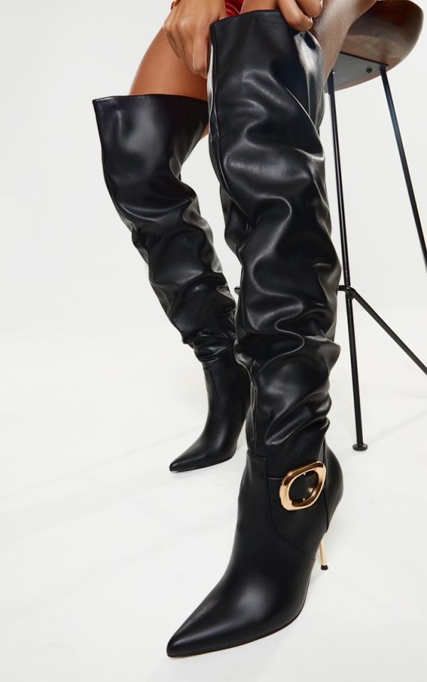 Black PU Gold Buckle Point Toe High Stiletto Over The Knee Boots