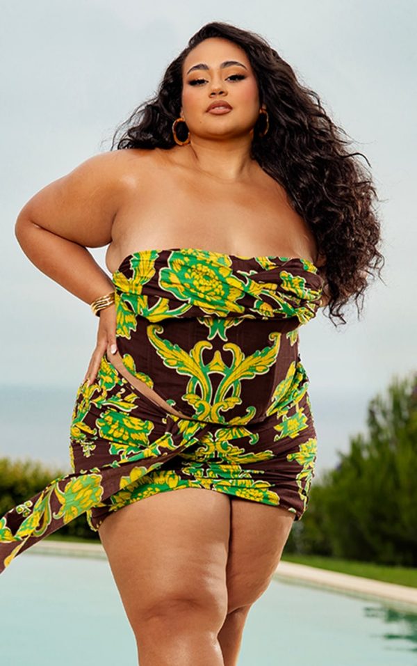 Plus Brown Floral Boning Dipped Hem Corset Top