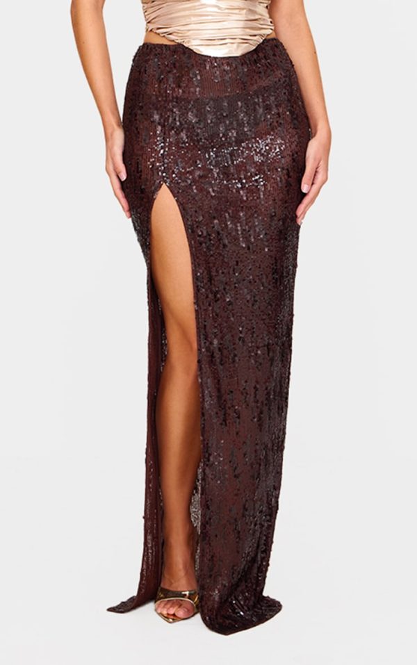 Dark Chocolate Extreme Sequin Split Low Rise Maxi Skirt