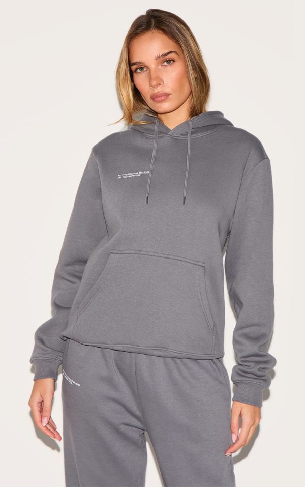 PRETTYLITTLETHING Logo Charcoal Grey Est 2012 Oversized Fit Hoodie