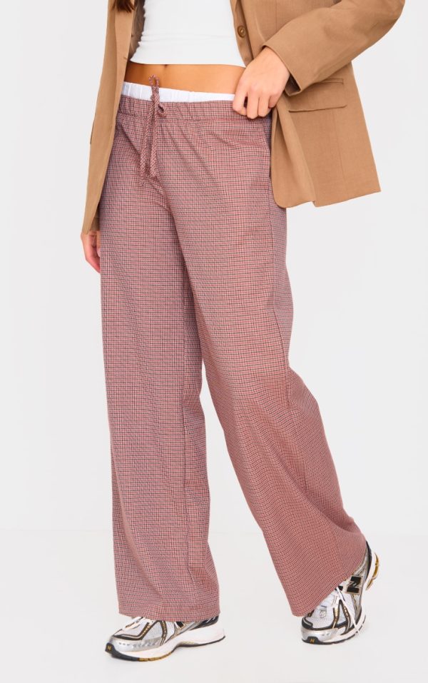 Burgundy Check Print Boxer Waistband Detail Straight Leg Pants