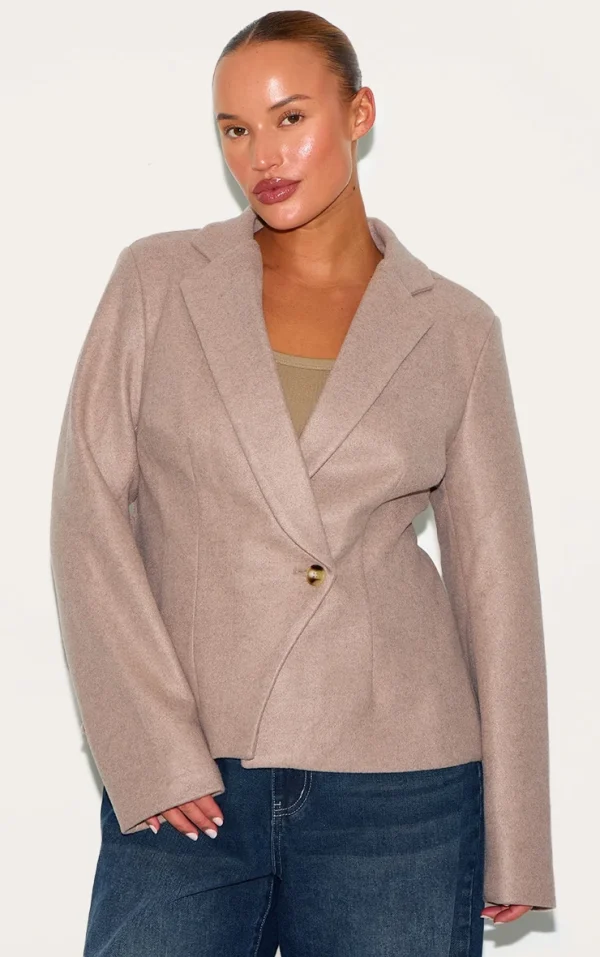 Plus Mushroom Cinched In Wool Look Blazer