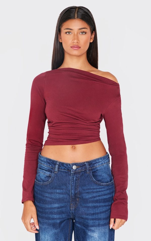 Burgundy Cotton Asymmetric Shoulder Long Top