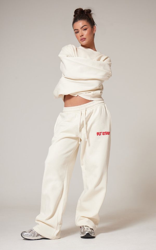 PRETTYLITTLETHING Sand Premium Studio Print Straight Leg Sweatpants