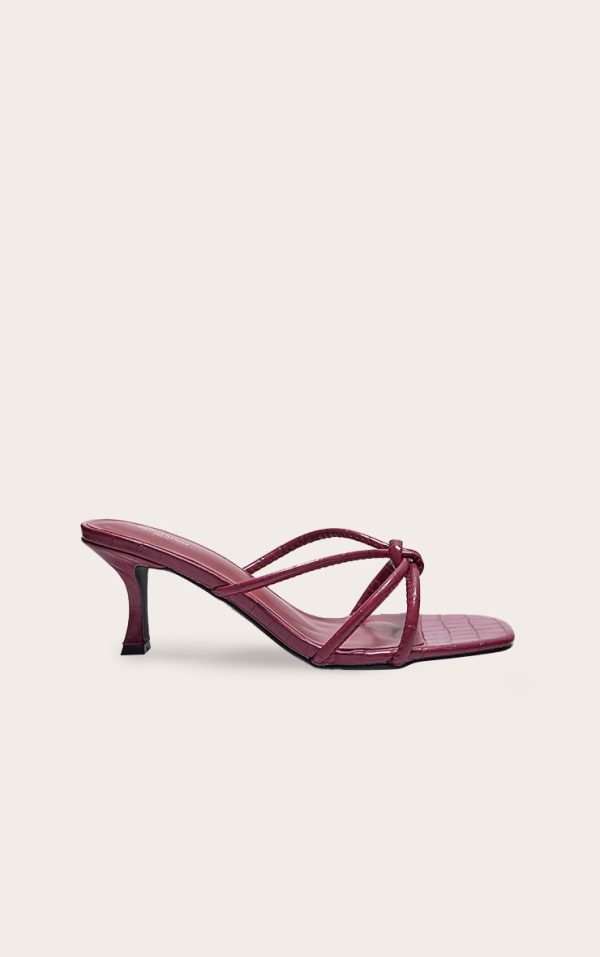 Burgundy Wide Fit Croc Pu Square Toe Knotted Heeled Mules