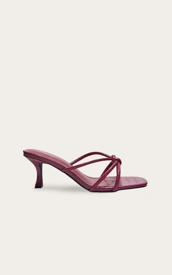 Burgundy Wide Fit Croc Pu Square Toe Knotted Heeled Mules