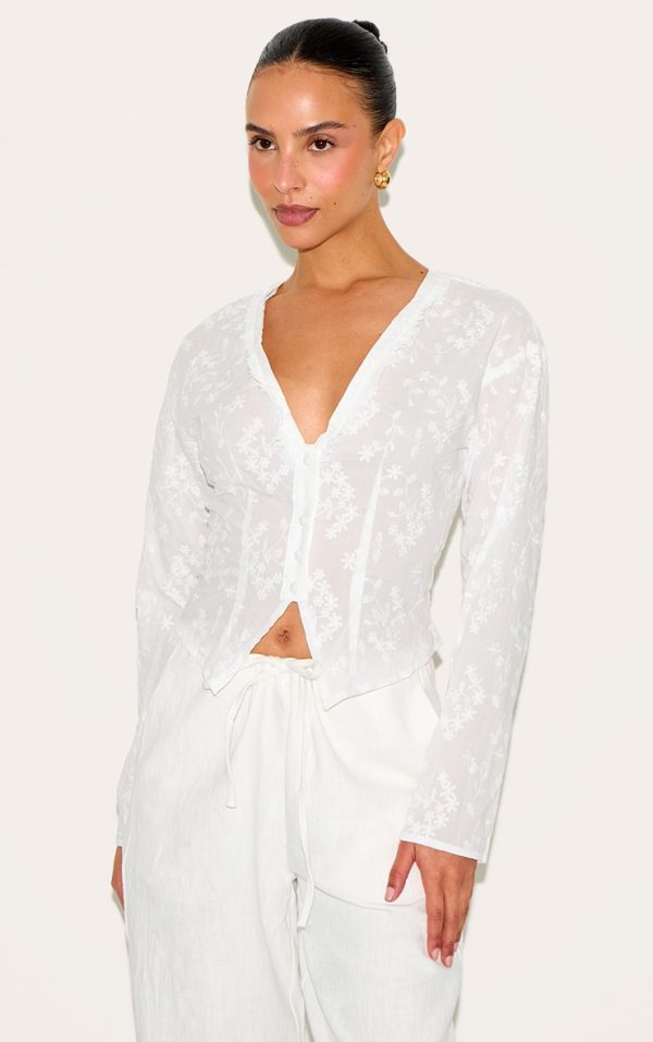 Petite White Broderie Button Up Shirt