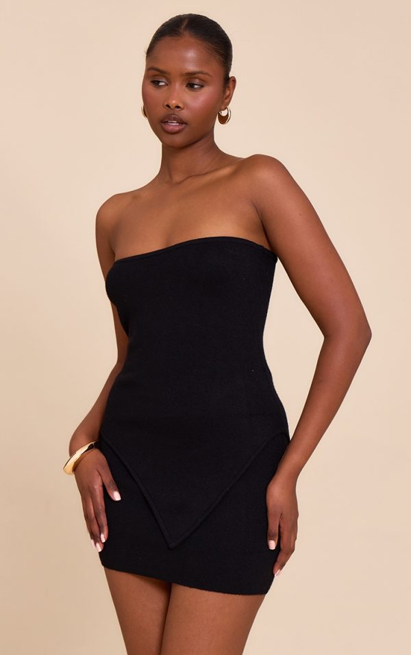 Black Fine Knit Bandeau Asymmetric Hem Top