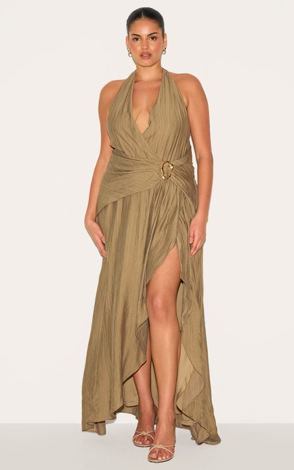 Plus Olive Textured Plunge Trim Detail Maxi Dress
