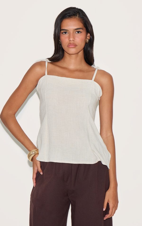 Taupe Linen Look Tie Strap Cami Top