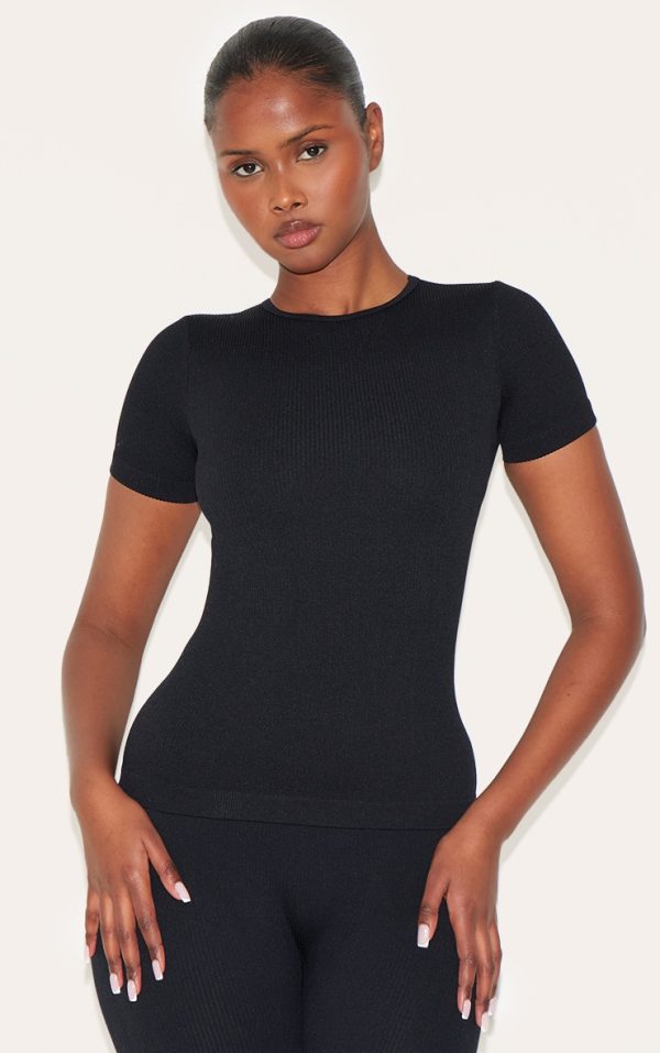 Black Snatched Rib Longline T Shirt