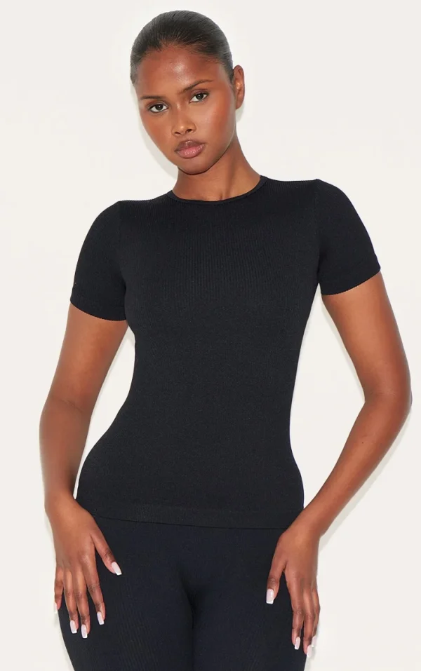 Black Snatched Rib Longline T Shirt
