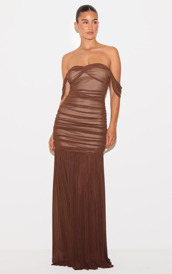 Chocolate Mesh Bardot Ruched Detail Maxi Dress