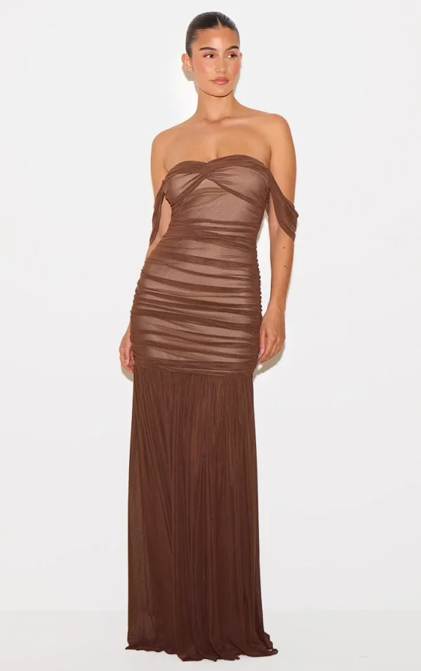 Chocolate Mesh Bardot Ruched Detail Maxi Dress