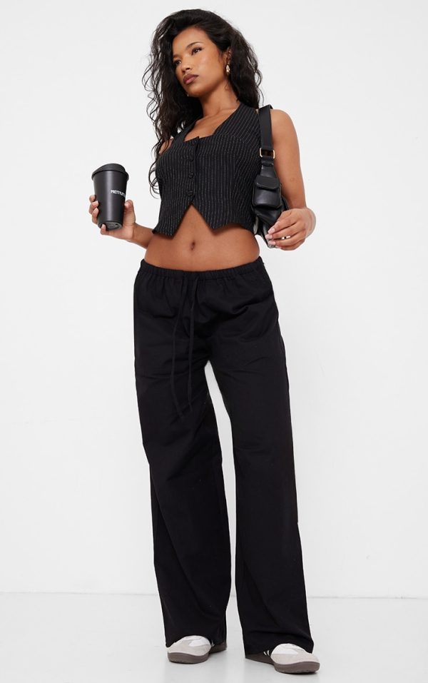 Black Cotton Linen Blend Drawstring Waist Pants