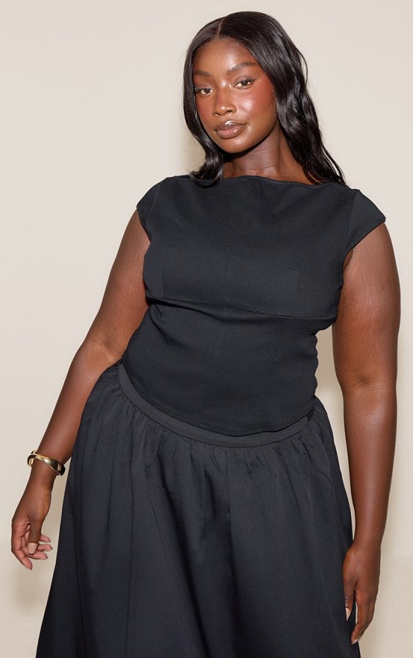 Plus Black Woven Seam Detail Slash Neck Top