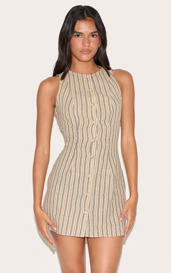 Stone Pinstripe Button Down Shift Dress