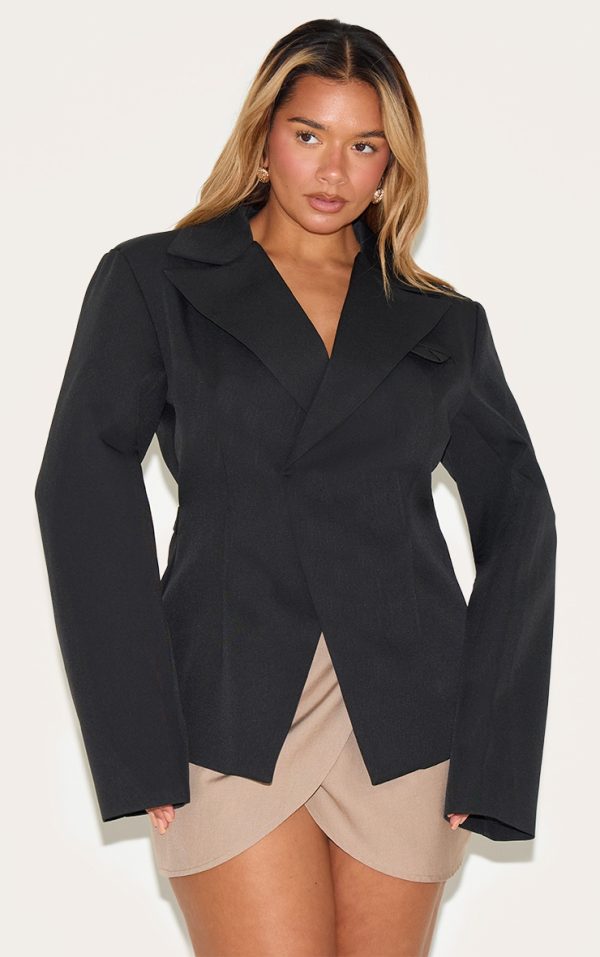 Shape Black Tailored Asymmetrical Cross Over Adjustable Waist Blazer
