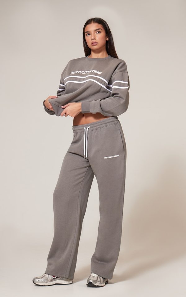 PRETTYLITTLETHING Charcoal Contrast Print Wide Leg Sweatpants