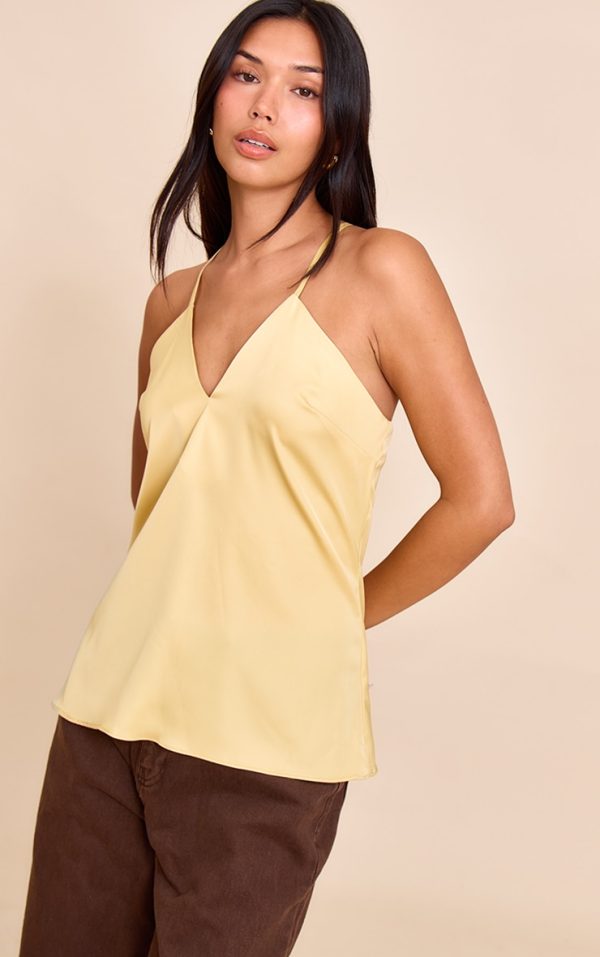 Yellow Matte Satin Strappy Detail Long Cami Top