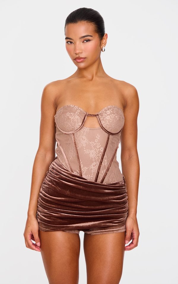 Chocolate Contrast Lace Velvet Wrap Detail Skort Romper