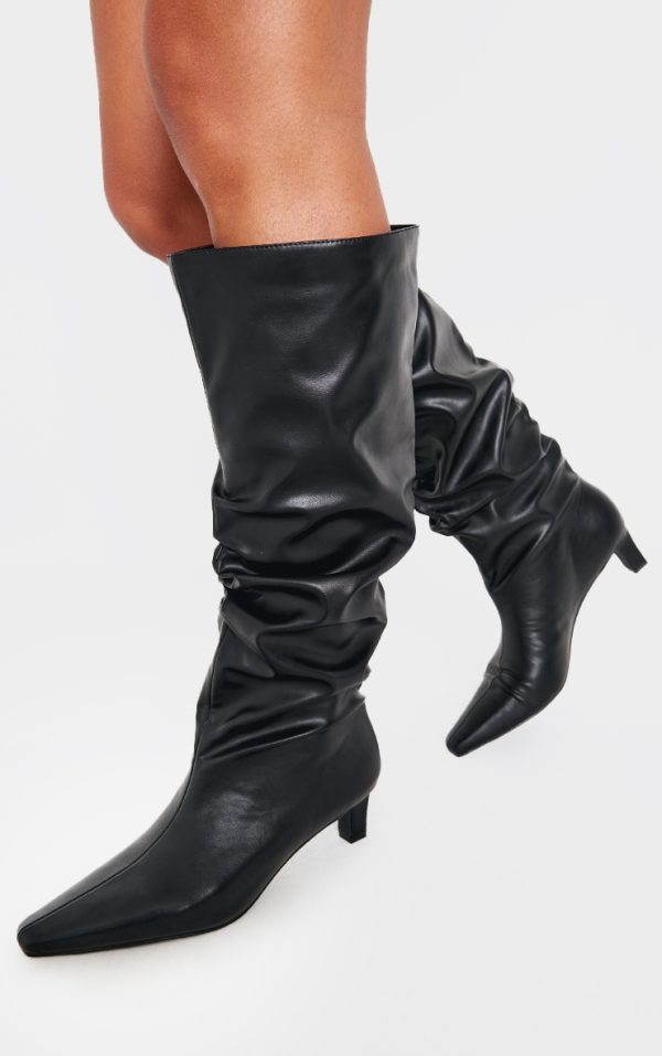 Black PU Slouchy Point Toe Low Stiletto Knee High Heeled Boots