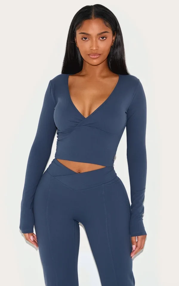 Shape Navy Sculpt Active Wrap V Neck Long Sleeve Top