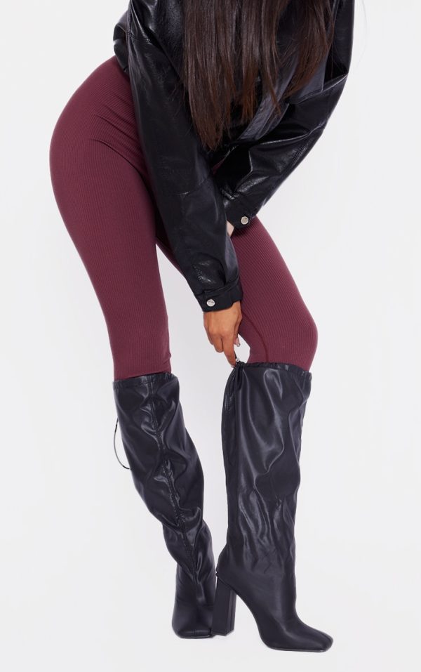 Black Wide Fit PU Square Toe Knee High Block Heel Toggle Boots