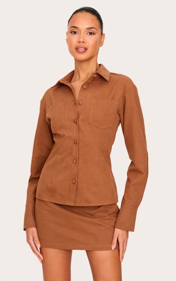 Tan Twill Button Up Cinched Waist Shirt
