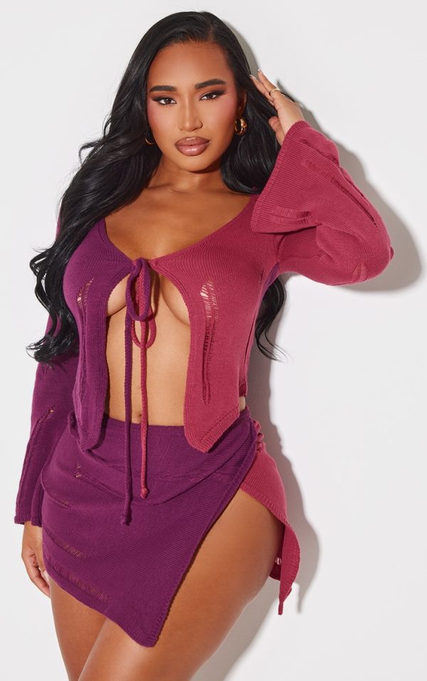Shape Plum Contrast Knit Tie Top