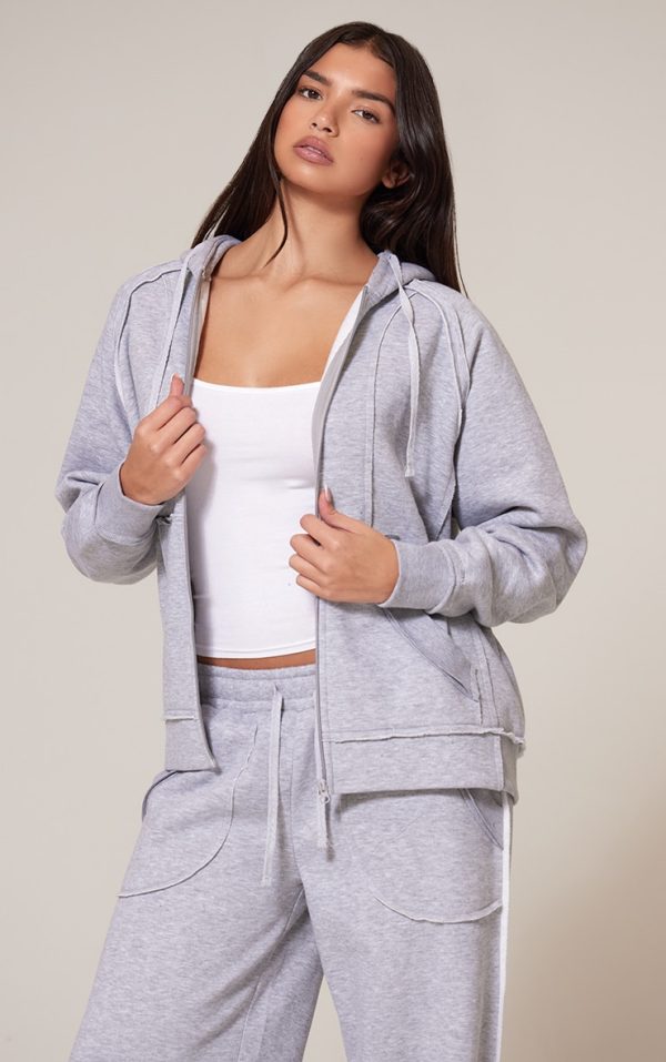 Grey Marl Exposed Seam Detail Zip Up Hoodie