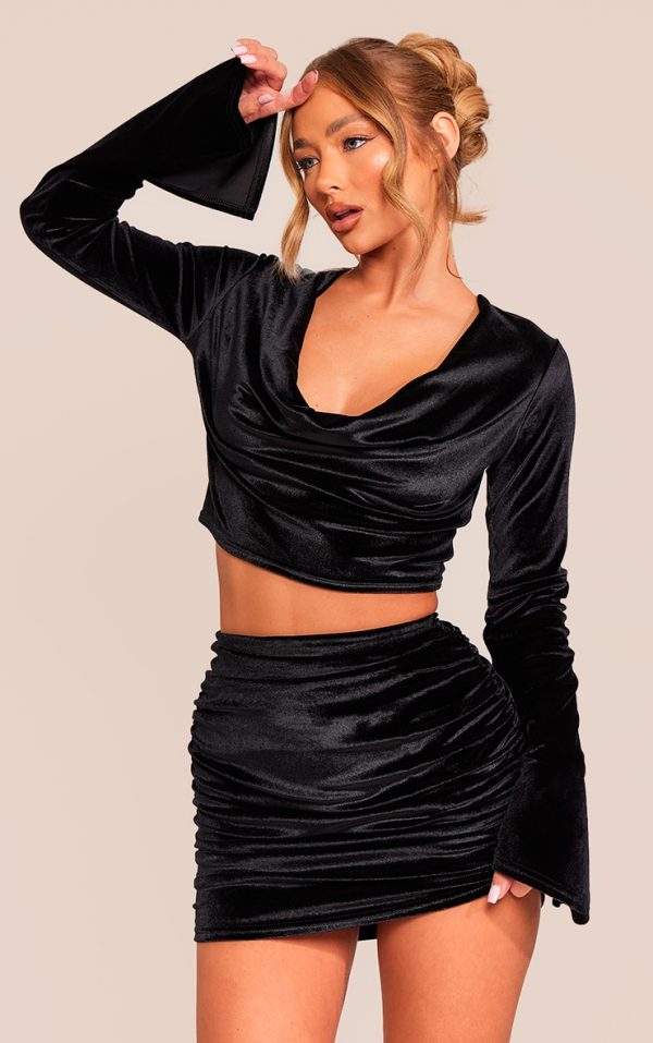 Black Velvet Cowl Neck Flared Sleeve Top